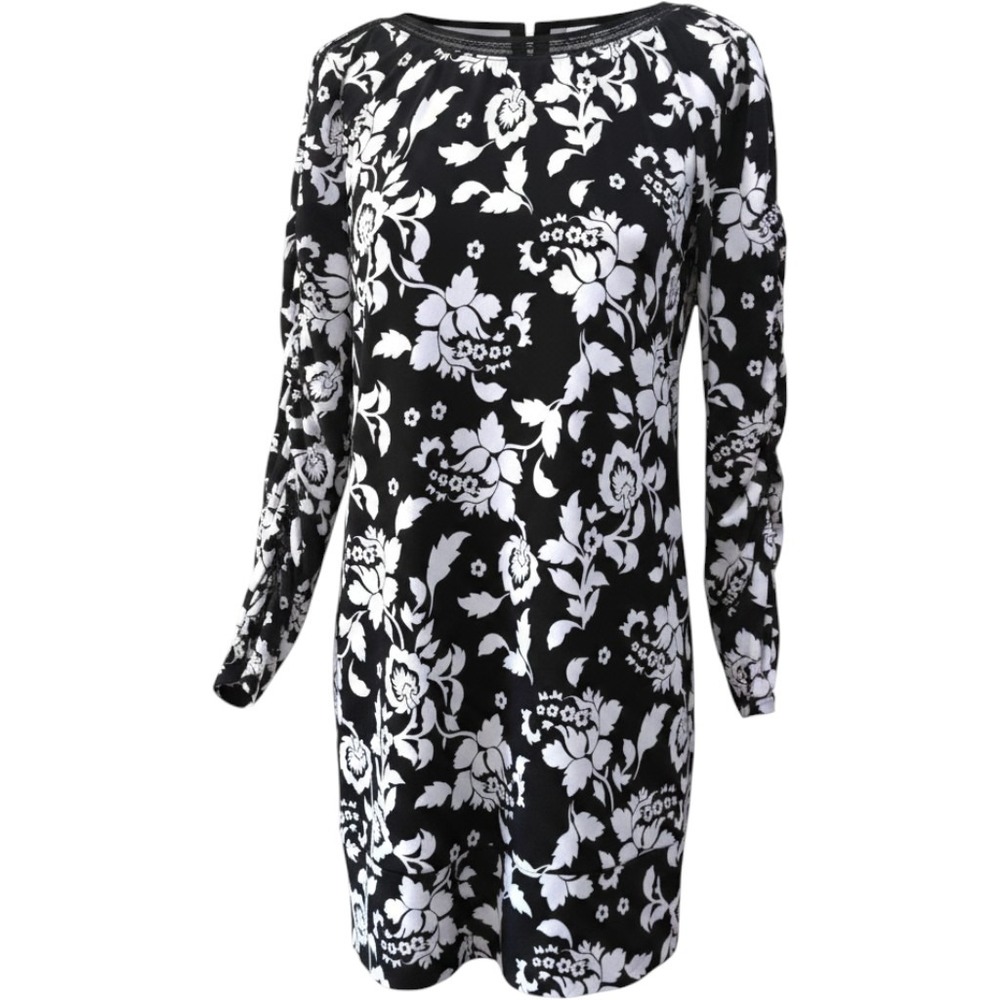 WHBM Floral Shift Dress Women XL Black White Long Sleeve Lace Trim Mod Career